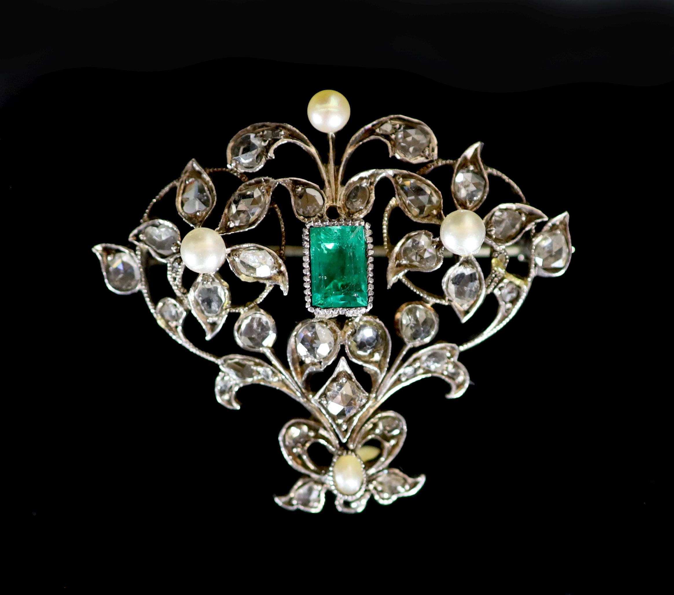 A 19th century silver and gold? emerald, pearl and rose cut diamond set drop brooch